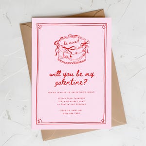 Editable Galentine&#39;s Day Invite, Girls Party Template Hand Drawn Vintage Cake Valentine&#39;s Coquette bows Handwritten Printable Canva Template