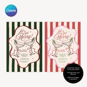 May include: Two holiday party invitations with the text "Let's get Merry!" and "happy holidays." One invitation has a green and white striped background, the other has a red and white striped background. Each features two cocktail glasses.