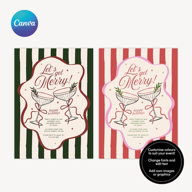 May include: Two holiday party invitations with the text "Let's get Merry!" and "happy holidays." One invitation has a green and white striped background, the other has a red and white striped background. Each features two cocktail glasses.
