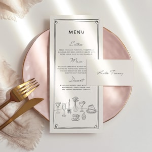 Plantilla editable de menú de boda y tarjeta de lugar, diseño de menú de tarjetas con nombres de mesa extravagantes, románticas y extravagantes, ilustradas a mano, Canva, descarga 012