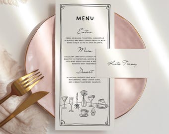 Editable Wedding Menu and Place Card Template Hand Illustrated, Whimsical Romantic Quirky Table Name Cards Menu Design Canva Download 012
