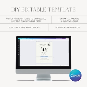 May include: A computer screen displaying a wedding invitation template on Canva. The template features a black and white illustration of a couple dancing with a disco ball. The text on the invitation reads "We're getting married!" and includes the couple's names, "Sarah & Connor".