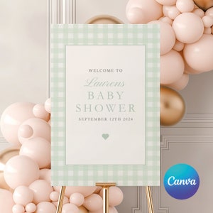 Puede incluir: Un cartel de bienvenida de cuadros vichy verde y blanco para un baby shower. El cartel dice "Bienvenido a Laurens Baby Shower Septiembre 12th 2024".