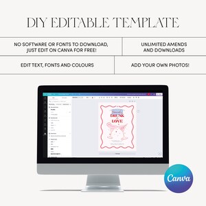May include: A computer screen displaying a Canva design template for a party invitation. The template features a pink and red illustration of two martini glasses with the text "Hannah's Drunk in Love".