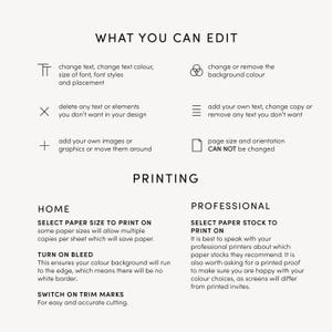 May include: A white graphic with black text detailing editing options and printing instructions. The text includes options to change text, color, and add images. Printing instructions cover paper size, bleed, and trim marks.