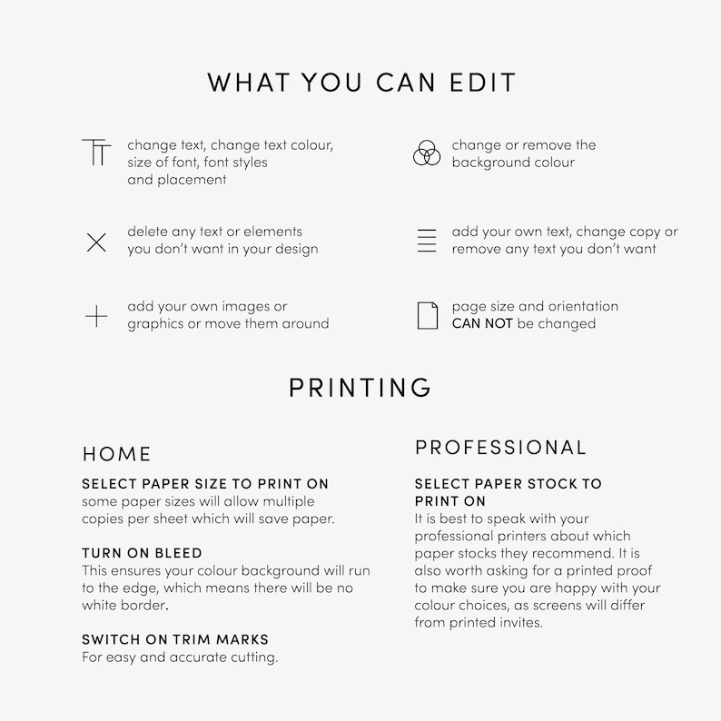 May include: A white graphic with black text detailing editing options and printing instructions. The text includes options to change text, color, and add images. Printing instructions cover paper size, bleed, and trim marks.