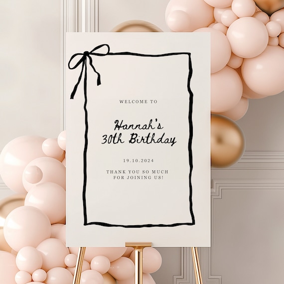 Editable 30th Birthday Welcome Sign, Modern Birthday Party Decor, Ribbon Bow Ballet Core Birthday Canva Template, Generic Party Sign