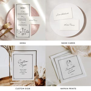 Puede incluir: Un conjunto de plantillas de papeler&iacute;a de boda imprimibles que incluyen un letrero personalizado, tarjetas de nombre e impresiones de servilletas. Los dise&ntilde;os son minimalistas y presentan un texto en escritura negra sobre fondo blanco.
