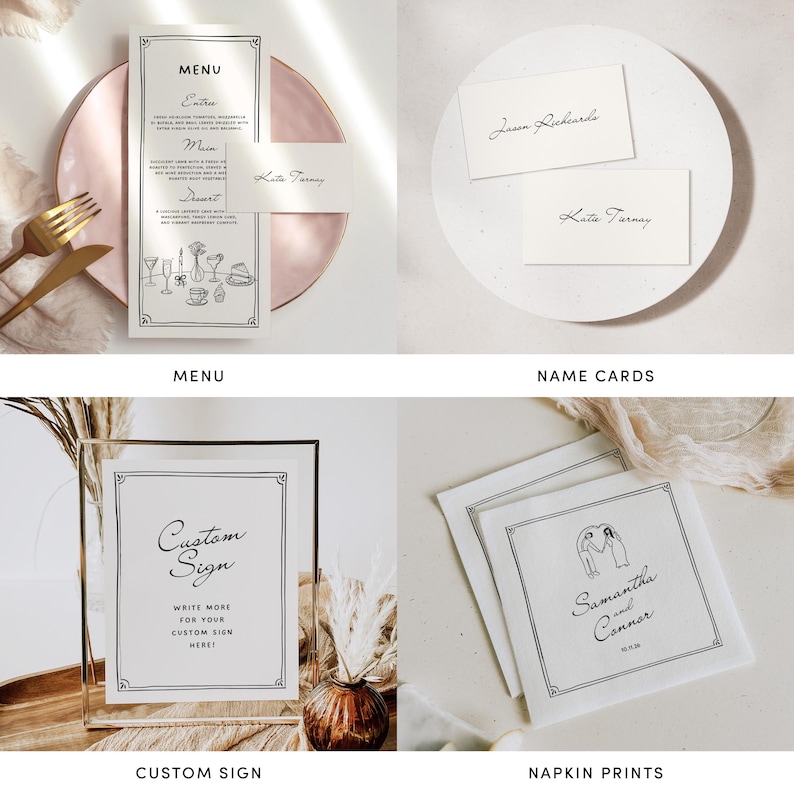 Puede incluir: Un conjunto de plantillas de papeler&iacute;a de boda imprimibles que incluyen un letrero personalizado, tarjetas de nombre e impresiones de servilletas. Los dise&ntilde;os son minimalistas y presentan un texto en escritura negra sobre fondo blanco.