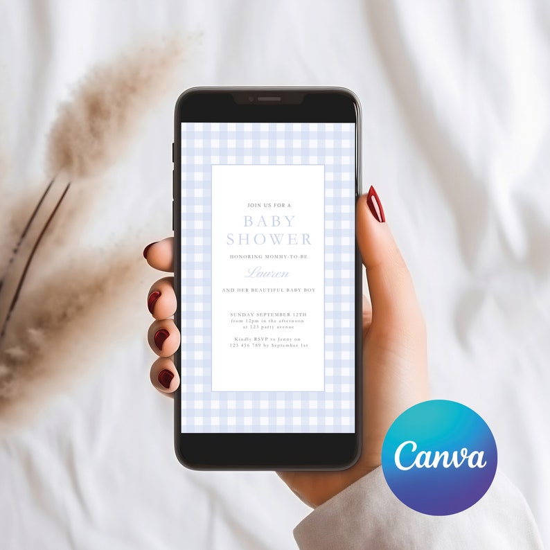 May include: A blue and white gingham pattern phone screen displaying a baby shower invitation for Lauren. The invitation reads "Join us for a Baby Shower honoring mommy-to-be Lauren and her beautiful baby boy. Sunday September 12th from 1:00 PM to 4:00 PM at 123 Party Avenue. Kindly RSVP to Jenny on 123 456 789 by September 1st."