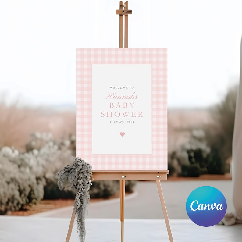 Może przedstawiać: R&oacute;żowo-biały szyld powitalny w kratkę z napisem "Witamy na Baby Shower Hannah 4 lipca 2024" i małym r&oacute;żowym sercem.