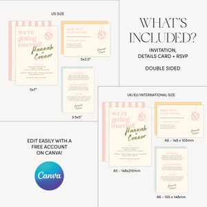 Op de afbeelding: Een afdrukbare huwelijksuitnodigingstemplate met een discobalontwerp. De uitnodiging is roze en wit met de tekst "We're getting married! Hannah + Connor". De template is beschikbaar in twee formaten: 5x7 inch en 3,5x5 inch.
