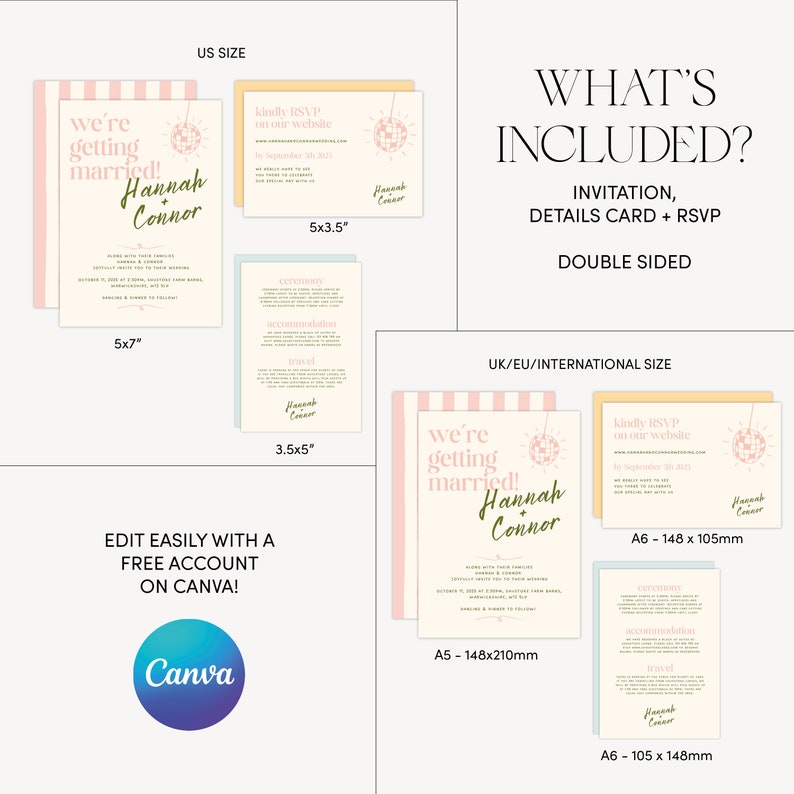 Op de afbeelding: Een afdrukbare huwelijksuitnodigingstemplate met een discobalontwerp. De uitnodiging is roze en wit met de tekst "We're getting married! Hannah + Connor". De template is beschikbaar in twee formaten: 5x7 inch en 3,5x5 inch.