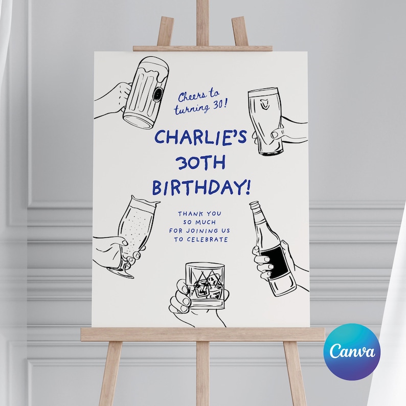 May include: A white sign with black line drawings of various drinks, including a beer mug, a glass of beer, a bottle of beer, and a glass of whiskey. The sign says "Cheers to turning 30! Charlie's 30th Birthday! Thank you so much for joining us to celebrate."