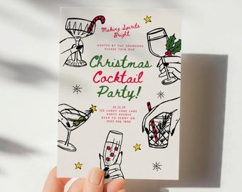 Christmas Cocktail Party Invitation Template, Whimsical Hand Drawn Festive Xmas Holiday  (Canva Digital)