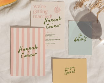 Plantillas de boda divertidas y editables, diseño de invitación de boda ilustrado a mano, con colores pastel veraniegos, descarga digital 002