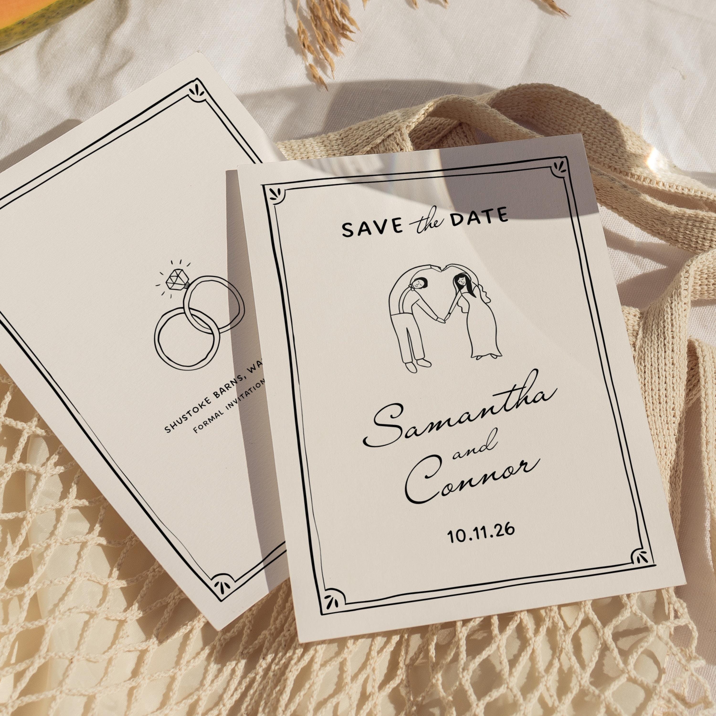 Illustrierte Save the Date Einladung Handgezeichnetes süßes Paar, bearbeitbares, wunderliches Save the Date Einzigartiger Spaß handgeschriebener digitaler Download 012