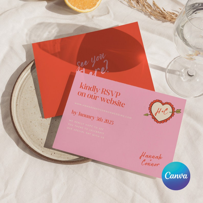 May include: Pink and red wedding invitation with a heart illustration and the text "See you there?" and "kindly RSVP on our website www.hannahandconnorwedding.com by January 5th 2025" and "Hannah Connor".