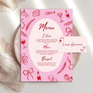 Menu- en plaatskaartsjabloon met de hand geïllustreerd, krabbel illustratie menu, bewerkbare eigenzinnige leuke tafelnaamkaartjes menuontwerp bruiloft canva