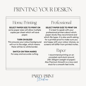 May include: A guide for printing your design at home or professionally. It includes tips on selecting paper size, turning on bleed, and using trim marks. It also recommends using uncoated card stock around 250-300gsm for professional printing.