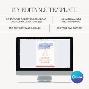 May include: A computer screen displaying a wedding invitation template on Canva. The template features a blue and white design with the text "We're getting married!" and a graphic of two champagne glasses.