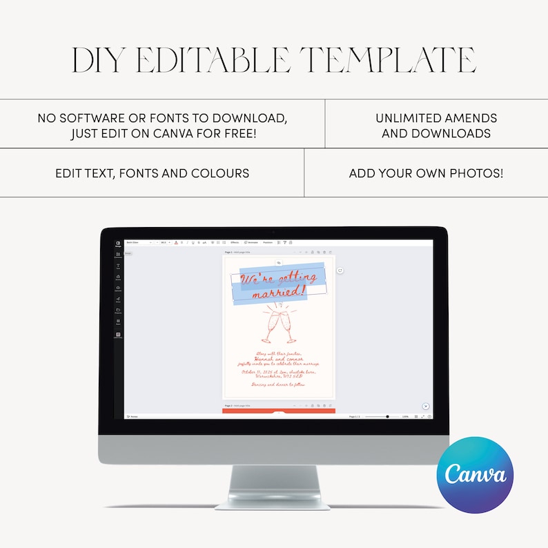 May include: A computer screen displaying a wedding invitation template on Canva. The template features a blue and white design with the text "We're getting married!" and a graphic of two champagne glasses.
