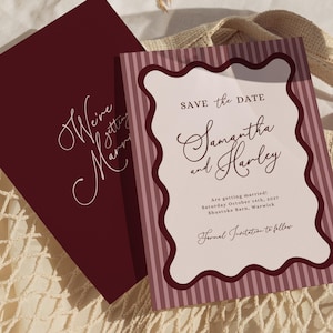 May include: Two burgundy wedding invitation cards. One card has the text "We're getting married" in a cursive font. The other card has a striped border and the text "Save the Date" and the names "Samantha and Harley".