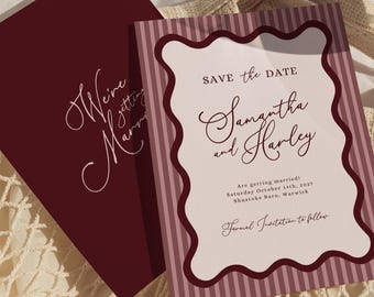 Save the Date Invitation Burgundy, Handwritten Editable Save the Date, Unique Vintage Invite (Canva Template) 016