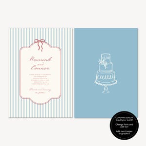 May include: Wedding invitation featuring a striped background with the names "Hannah and Connor" in a decorative frame. The right side shows a blue background with a cake illustration. Text includes event details and customization options.