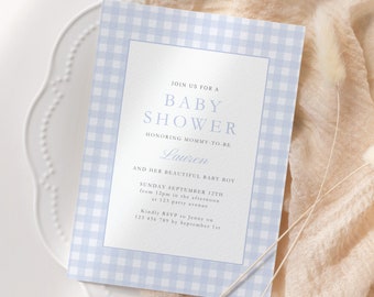Blue Gingham Baby Boy Shower Invitation Editable, Gingham Invite for Party, Baby Boy Baby Shower, Cottage-core Canva Template