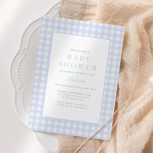Blue Gingham Baby Boy Shower Invitation Editable, Gingham Invite for Party, Baby Boy Baby Shower, Cottage-core Canva Template