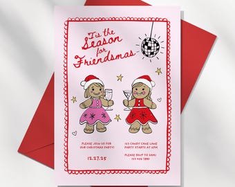 Friendsmas Christmas Party, Gingerbread Invitation Template, Whimsical Hand Drawn Festive Cocktail Holiday Invite (Canva Template) CH6
