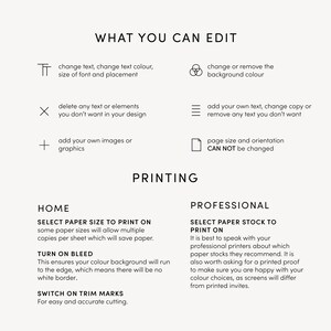 May include: A white background with black text detailing editing and printing options. Text includes "WHAT YOU CAN EDIT" and "PRINTING" with bullet points describing features like changing text, color, and adding images.