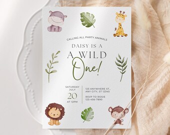 Wild One Birthday Invite, Jungle Safari Animals Party Invite, Editable Jungle Birthday Template Invite, First Birthday Invitation Download