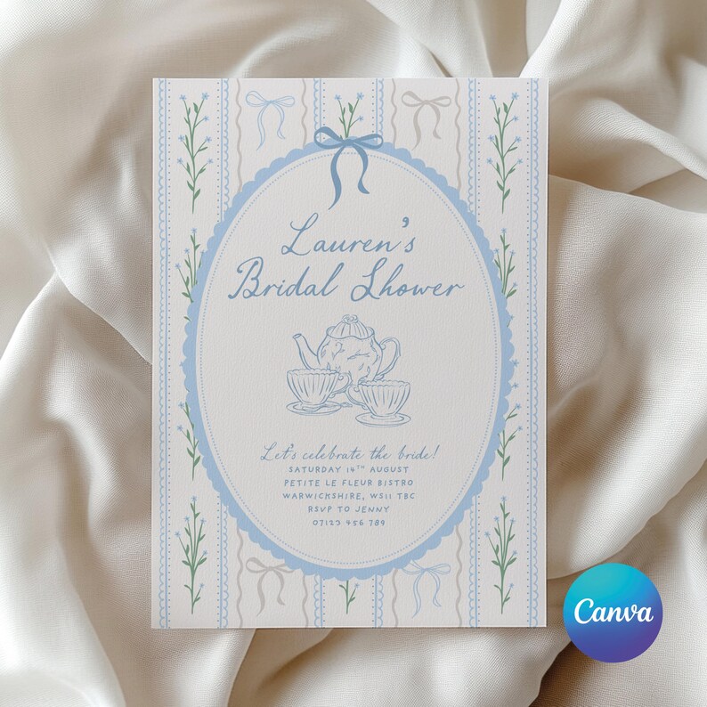 May include: A light blue and white bridal shower invitation with the text "Lauren's Bridal Shower." The invitation features an oval design with a teapot and teacups illustration. The background has a striped pattern with bows and floral accents.