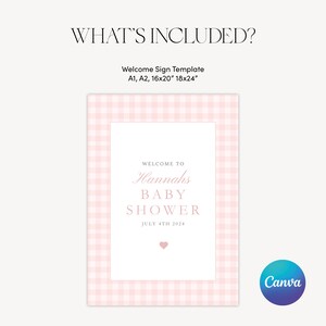 Może przedstawiać: Szablon tablicy powitalnej w r&oacute;żowo-białą kratę do baby shower. Na tablicy napisano: "Witamy na baby shower Hannah 4 lipca 2024".