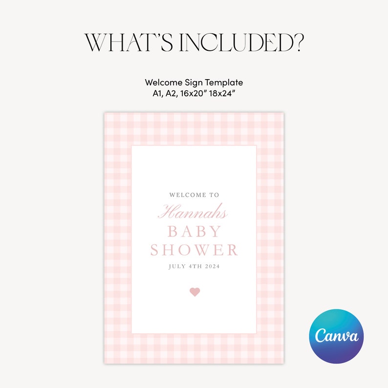 Może przedstawiać: Szablon tablicy powitalnej w r&oacute;żowo-białą kratę do baby shower. Na tablicy napisano: "Witamy na baby shower Hannah 4 lipca 2024".