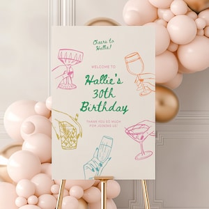Letrero de bienvenida para fiesta de cumpleaños, caballete de cóctel con garabatos dibujados a mano, decoración editable para cócteles de 21, 30, 40 y 50 años, plantilla única