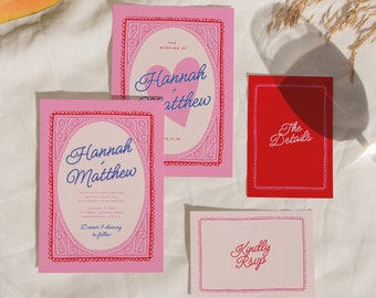Wedding Invitation Suite Template, Handwritten Fun Editable Wedding, Maximalist Retro Unique Invite, Bold colourful hand illustrated 008
