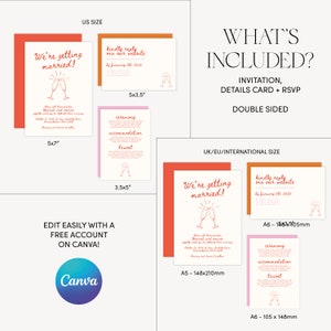 May include: A printable wedding invitation and details card template with a red and orange color scheme. The invitation features a champagne toast graphic and the text "We're getting married!" The details card includes the text "ceremony, accommodation, travel" and "kindly reply via our website by January 5th, 2025". The template is available in US and UK/EU sizes.