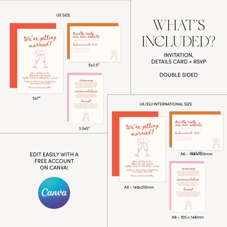 May include: A printable wedding invitation and details card template with a red and orange color scheme. The invitation features a champagne toast graphic and the text "We're getting married!" The details card includes the text "ceremony, accommodation, travel" and "kindly reply via our website by January 5th, 2025". The template is available in US and UK/EU sizes.
