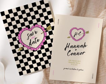 Schachbrett Spaß Herz Save the Date Vorlage schrullig schwarz weiß Handgeschrieben bearbeitbar Save the Date Retro Einzigartig Einladen Design Canva 003