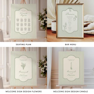 May include: Four wedding signs with a striped background and a cream-colored frame. The signs include a seating plan, bar menu, and two welcome signs with floral and candle designs. The signs are displayed on easels.
