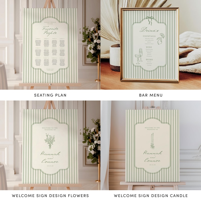 May include: Four wedding signs with a striped background and a cream-colored frame. The signs include a seating plan, bar menu, and two welcome signs with floral and candle designs. The signs are displayed on easels.