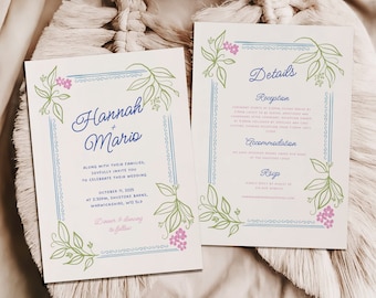 Editable Dibujado a mano Invitación de boda mediterránea Destino ilustrado Invitación de boda Frontera de Toscana, Plantilla de conjunto de bodas italianas 007