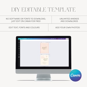 Op de afbeelding: Een computerscherm waarop een Canva-ontwerptemplate wordt weergegeven voor een roze en wit gestreepte kaart met de tekst "Hannah Connor" en "were getting married". De tekst "DIY Editable Template" staat bovenaan de afbeelding. De tekst "No software or fonts to download, just edit on Canva for free!" staat onder de template. De tekst "Edit text, fonts and colours" staat daaronder. De tekst "Unlimited amends and downloads" staat aan de rechterkant van de afbeelding. De tekst "Add your own photos!" staat daaronder. Het Canva-logo staat in de rechterbenedenhoek van de afbeelding.