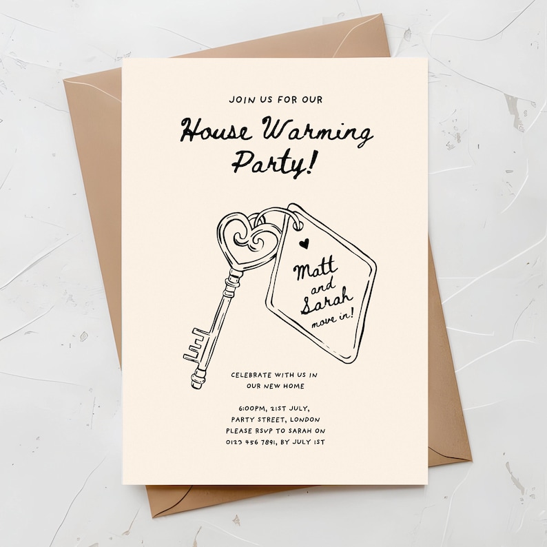 May include: A black and white housewarming party invitation with a hand-drawn illustration of a key with a heart-shaped keyhole and a tag that says "Matt and Sarah move in!" The invitation includes the date, time, and address of the party.