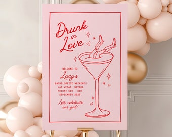 Drunk in Love Bachelorette Party Sign, Margarita and Martini Cocktail Party, Cowgirl Aesthetic, Editable Canva Template, Welcome Easel