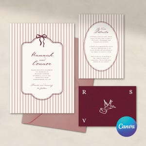 Pu&ograve; includere: Un set di inviti di nozze con un invito principale a righe verticali, una scheda dettagli e una scheda RSVP. L'invito principale include i nomi "Hannah and Connor". La scheda RSVP ha una grafica di colomba.