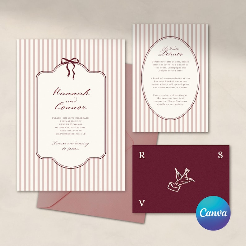 Pu&ograve; includere: Un set di inviti di nozze con un invito principale a righe verticali, una scheda dettagli e una scheda RSVP. L'invito principale include i nomi "Hannah and Connor". La scheda RSVP ha una grafica di colomba.